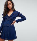 Prettylittlething Frill Detail Pleated Dress - Navy