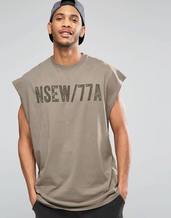 Asos Super Oversized Sleeveless T-shirt With Military Print In Khaki - Green
