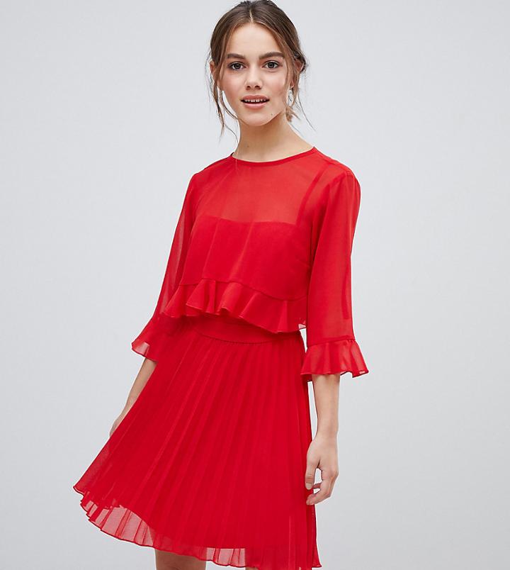 Asos Design Petite Double Layer Pleated Mini Dress-red
