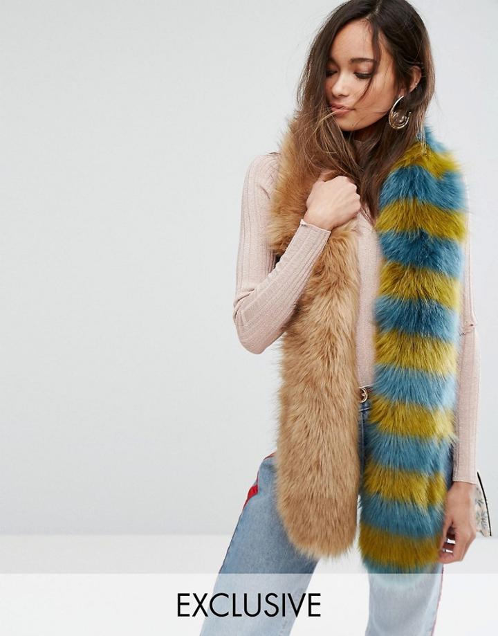 My Accessories Contrast Faux Fur Scarf In Natural And Stripe - Beige