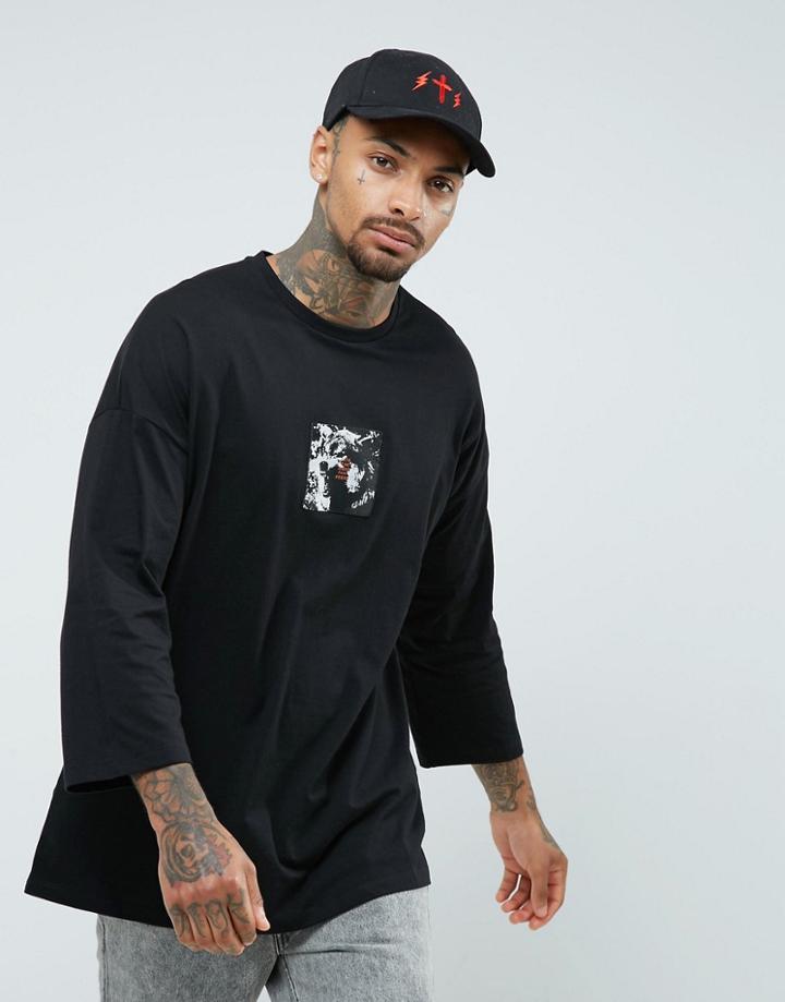 Asos Dropped Shoulder Oversized 3/4 Sleeve T-shirt With Badge - Gray