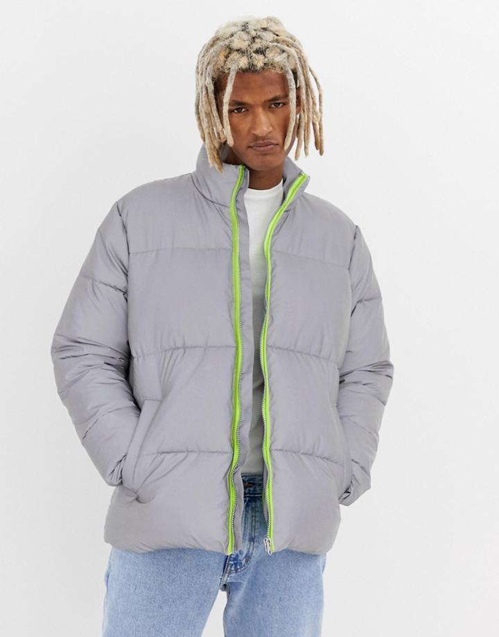 Asos Design Reflective Puffer Jacket - Silver