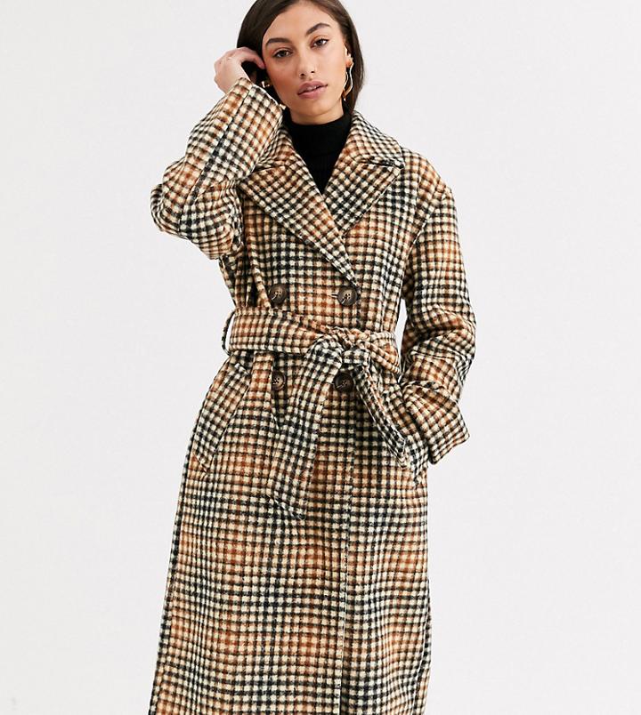 Asos Design Tall Belted Coat In Check-multi