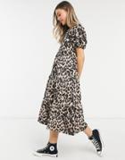 Asos Design Midi Tiered Smock Dress In Leopard Print-multi