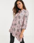 River Island Shirt With Asymmetric Hem In Pink Heart Print