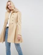 Asos Skater Coat With Faux Fur Collar And Button Detail - Stone
