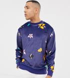 Collusion Tall Velour Printed Floral Sweatshirt In Navy - Navy