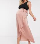 Asos Design Maternity Satin Wrap Midi Skirt In Pink