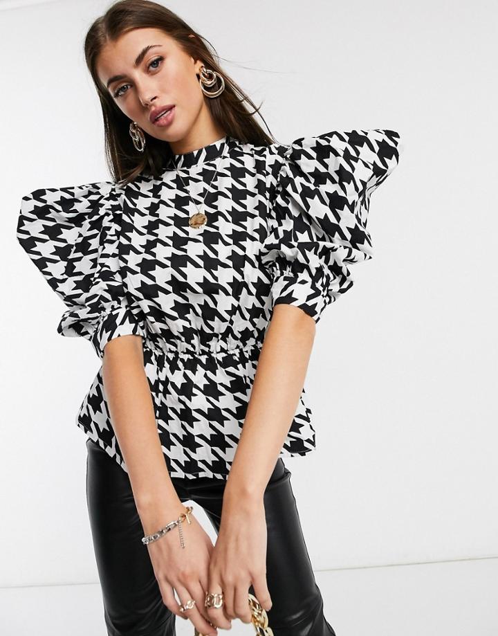 Asos Design Cotton High-neck Top With Peplum In Houndstooth-multi