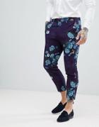 Asos Design Wedding Skinny Cropped Suit Pants In Navy Floral Linen Look - Navy