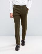 Asos Slim Suit Pants In Khaki Harris Tweed 100% Wool With Real Leather