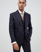 Moss London Premium Skinny Suit Jacket In 100% Wool Boucle Stripe - Navy