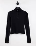 Monki Organic Cotton Blend Ribbed Zip Up Top In Black-gray