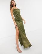 Yaura Cami Strap Thigh Slit Midaxi Dress In Olive-green