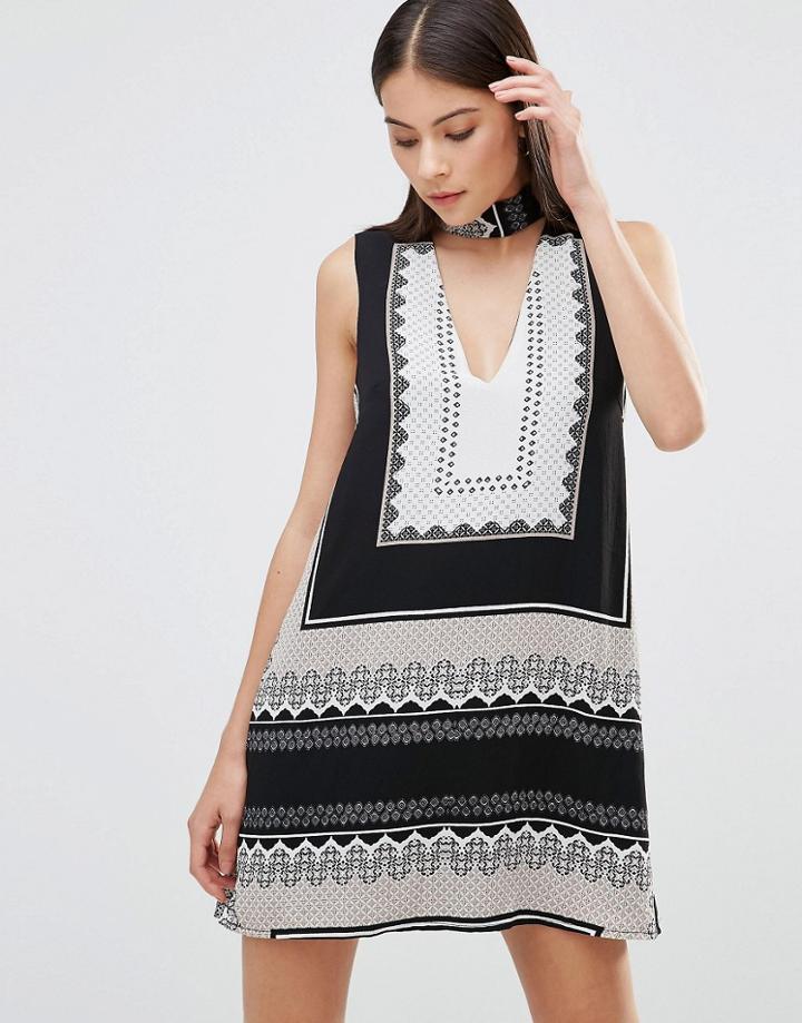 Parisian Dress In Scarf Print With Choker Detail - Black
