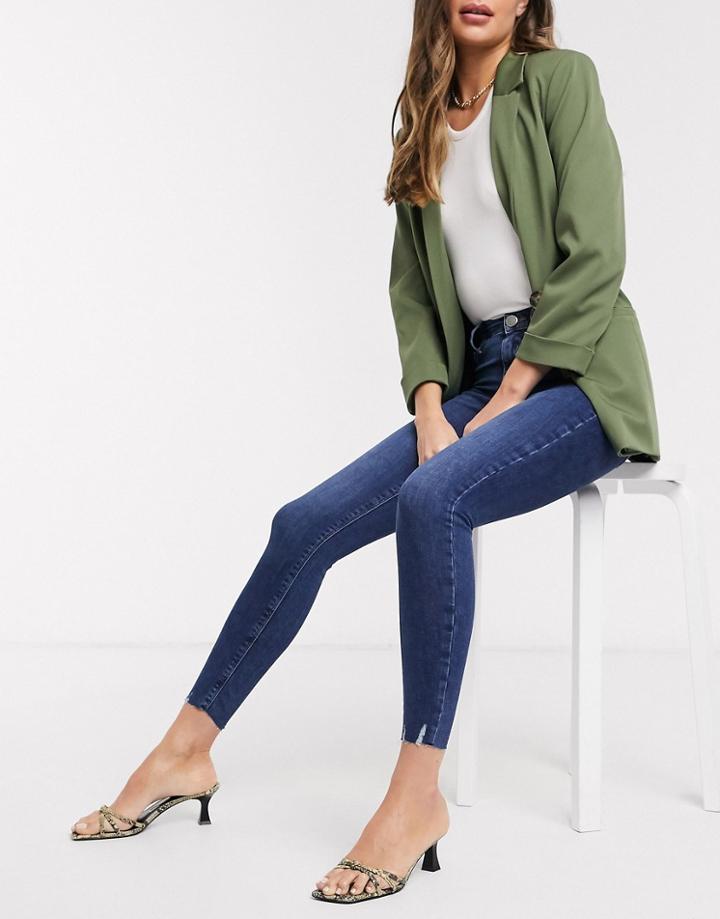 River Island Molly Raw Hem Skinny Jeans In Dark Wash Blue-blues