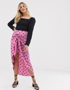 Glamorous Tie Front Midi Skirt In Polka-pink