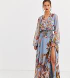 Asos Design Shirred Maxi Dress In Two Scale Floral Print