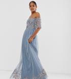 Maya Tall Embellished Bodice Bardot Maxi Dress In Dusty Blue - Blue