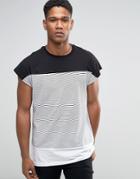 Asos Longline T-shirt With Cut And Sew Stripe In Black/white - Black