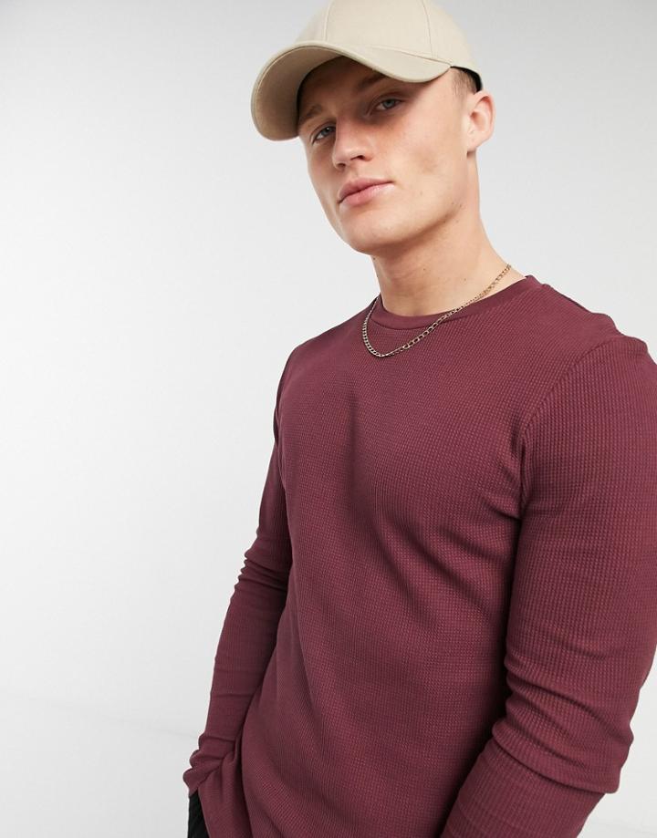 Asos Design Muscle Fit Long Sleeve Waffle T-shirt In Burgundy-red