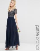 Maya Petite V Neck Maxi Tulle Dress With Tonal Delicate Sequins - Navy