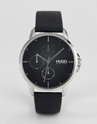 Hugo 1530022 Focus Black Dial Leather Strap Watch In Black - Black