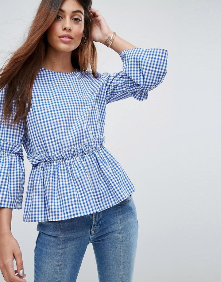 Asos Cotton Ruffle Smock Top In Gingham - Navy