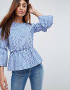 Asos Cotton Ruffle Smock Top In Gingham - Navy