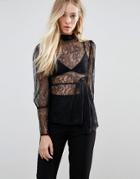 Asos Premium Lace Blouse With High Neck - Black