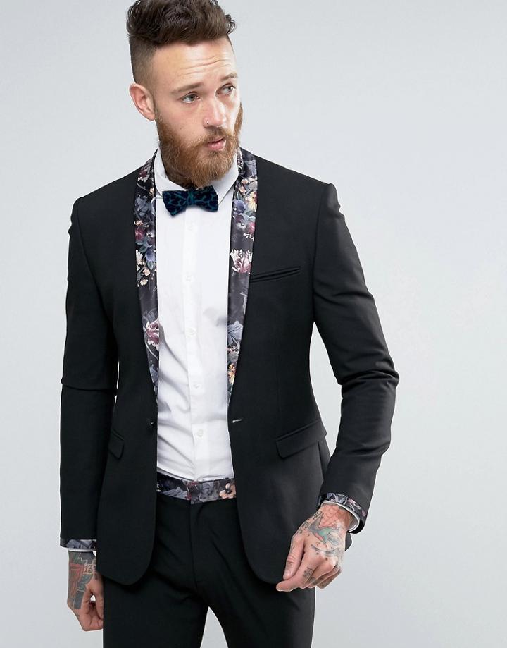 Asos Super Skinny Suit Jacket In Black With Dark Floral Trim - Black