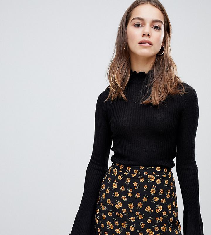 Brave Soul Petite Frill Neck Sweater With Flare Sleeves - Black