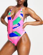 Asos Design T-back Swimsuit In Bold Abstract Print-multi