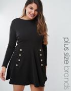 Club L Plus Skater Dress With Button Detail - Black