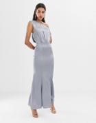 Asos Design Maxi Dress With Drape One Shoulder In Satin-silver