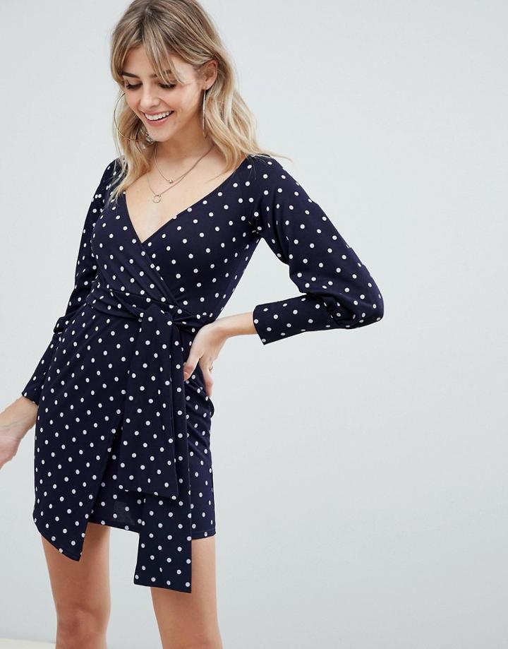 Prettylittlething Wrap Front Mini Dress In Navy Polka Dot - Navy