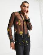 Asos Design Slim Fit Shirt In Black Floral Mesh