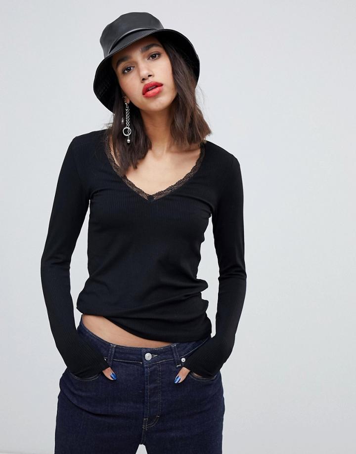 Stradivarius Lace Trim V Neck Ribbed Long Sleeve Top - Black