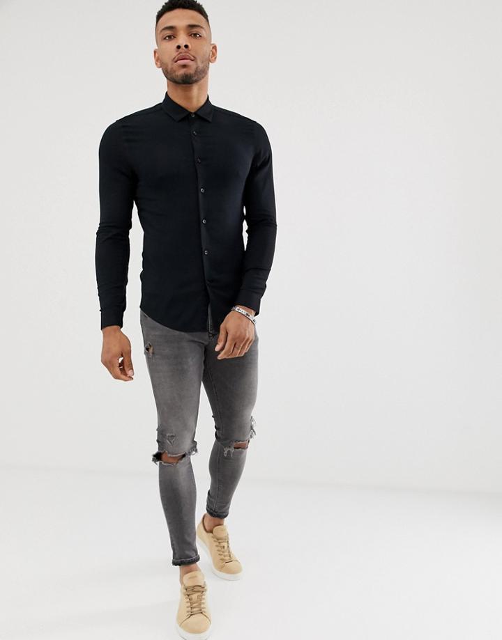 Asos Design Muscle Viscose Shirt In Black