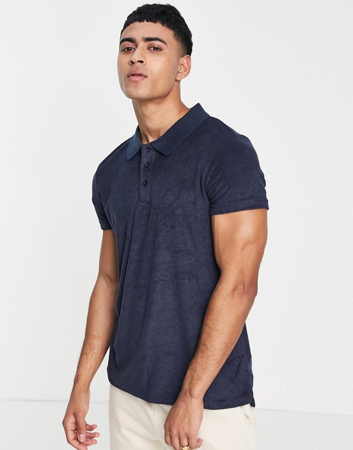 Brave Soul Cotton Terrycloth Polo In Navy