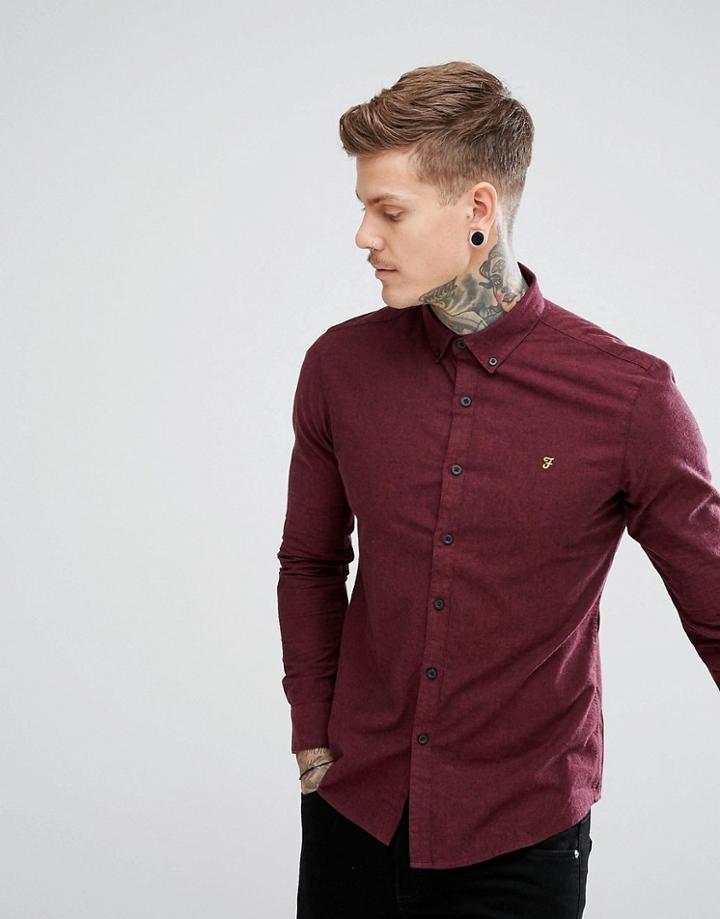 Farah Steen Slim Fit Weft Shirt In Burgundy - Red