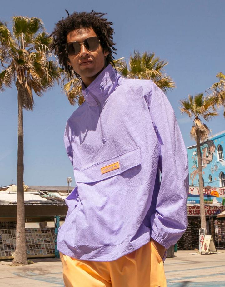 Adidas Originals 'summer Club' Quarter Zip Seersucker Windbreaker Jacket In Lilac-purple