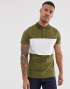 Asos Design Polo Shirt With Color Block In Khaki-green