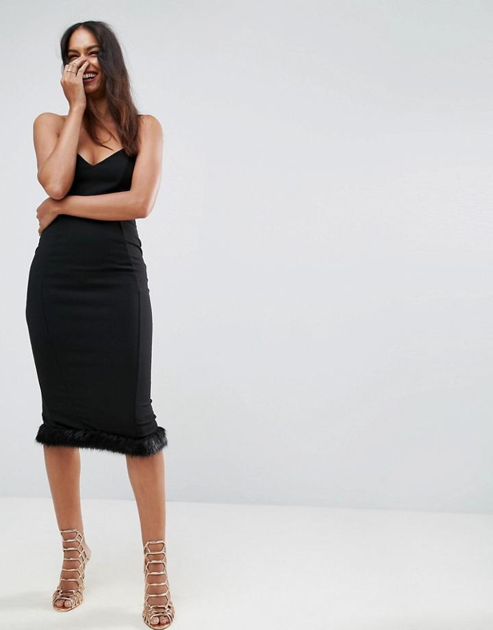 Asos Faux Fur Hem Bandeau Midi Dress - Black