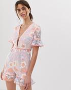 True Decadence Premium Allover Embroidered Romper With Ruffle Hem In Multi