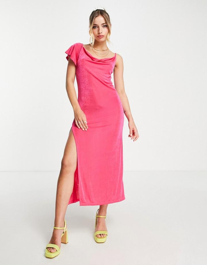 Monki Cowl Front Midi Dress In Bright Pink