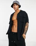 Asos Design Crinkle Viscose Shirt With Revere Collar And Pockets In Black
