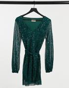 Club L Plunge Neck Sequin Mini Dress In Emerald Green
