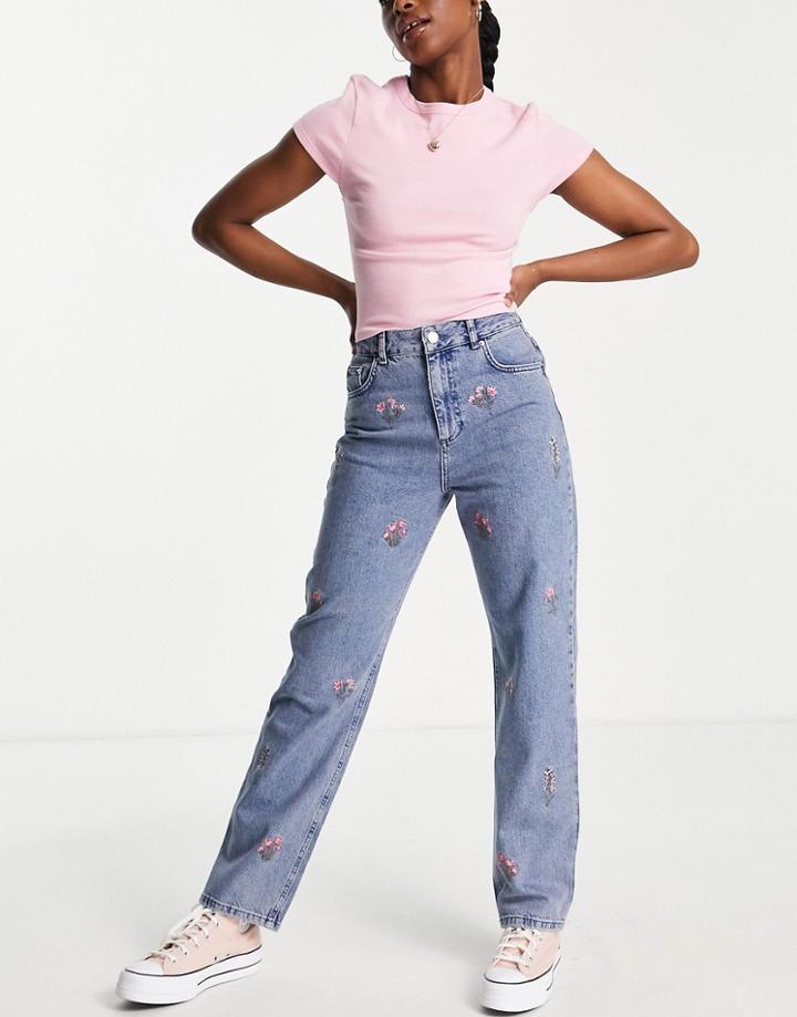 Miss Selfridge Floral Embroided Dad Jean In Mid Wash-blue