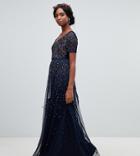 Maya Tall V Neck Maxi Tulle Dress With Contrast Tonal Delicate Sequins In Navy